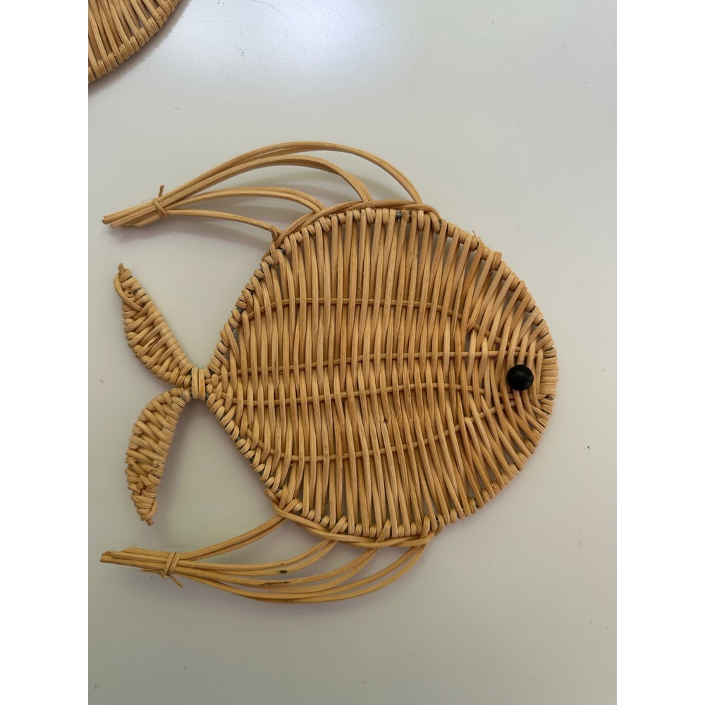 Unbranded Woven Rattan Fish Wall Decor Set of 2 Tan EUC Boho Coastal Tropical